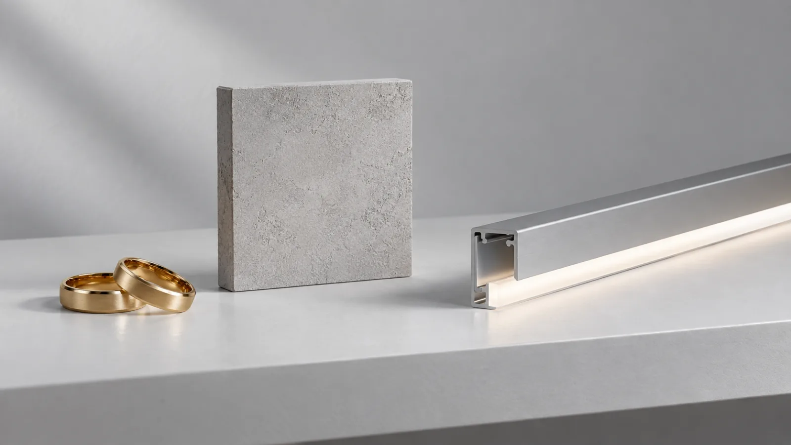 Wedding rings, a microcement sample and an LED profile as 3D configuration examples