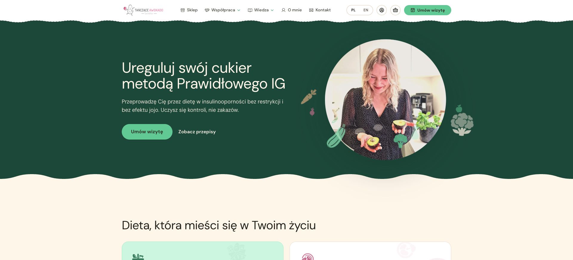 New Tańczące Awokado website with a nutrition offer and appointment booking